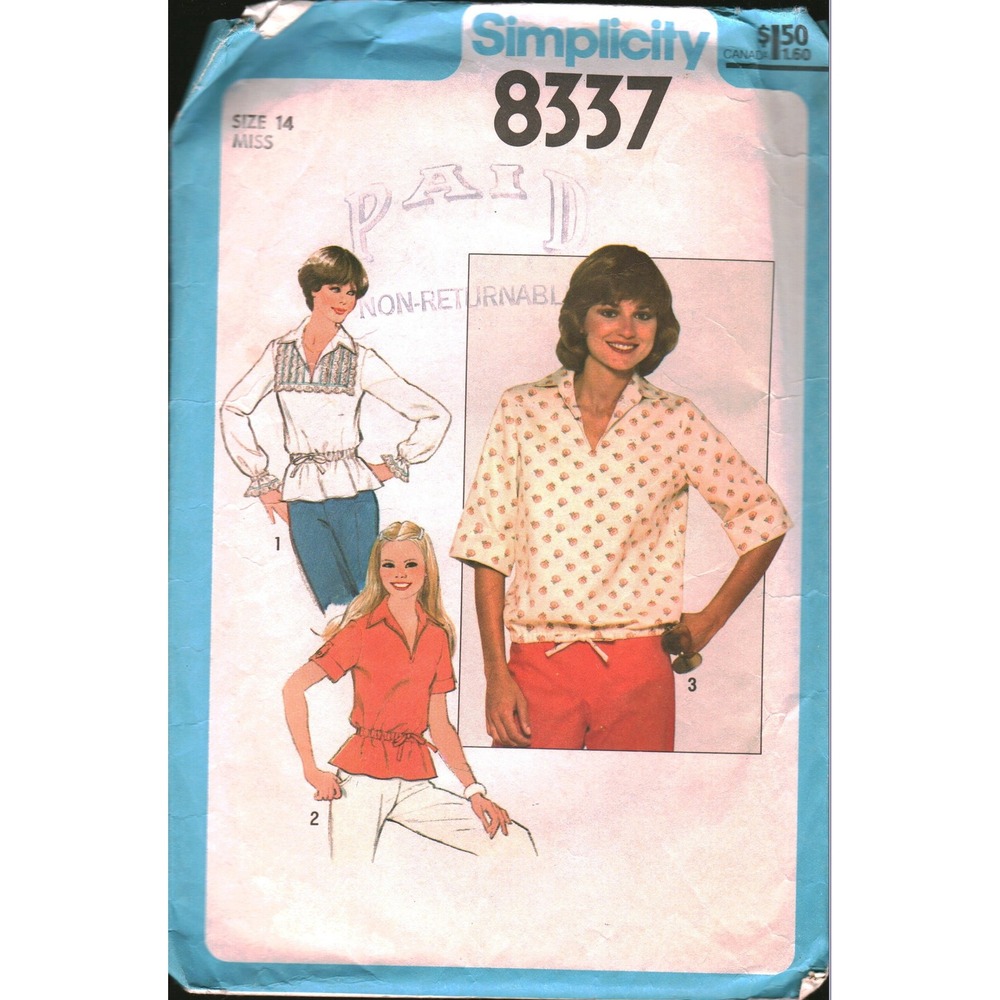 Vintage 1977 Simplicity 8337 Sewing Pattern Misses Pullover Tops Size 14 Bust 36